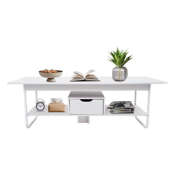 Coffee Table Modern Minimalist Rectangular Center Table Living Room Easy Assembly Tea Table with Storage Shelf Space Saving End Table with Drawer 47 Inch White