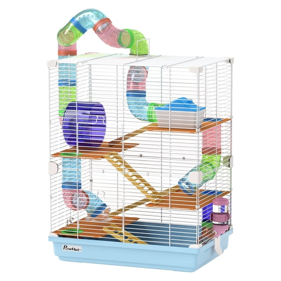 SAZYY 5-Tier Hamster Cage, Portable Animal Travel with Exercise Wheels & Tube - Light Blue Small Pet Carrier