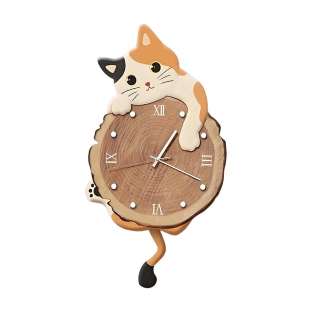 Reloj de pared con diseño de gato, péndulo silencioso, decorativo, con cola oscilante, para oficina y hogar. Naranja