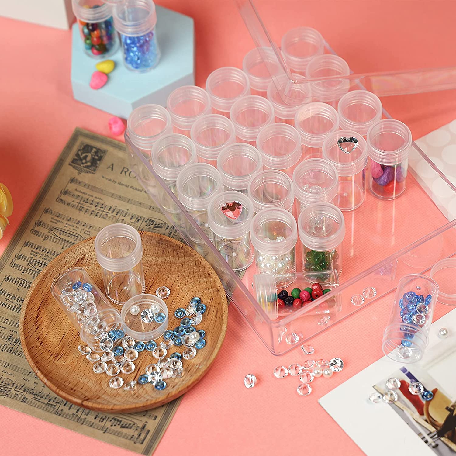 Embroidery Diamond Storage Box, 30PCS Big Clear Plastic Bead Containers with Silicone Funnel for Jewelry Painting DIY Art Craft Rhinestones Sewing Cosmetic Nail Glitter Powder