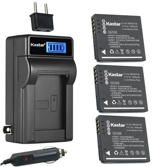 Kastar 3-Pack DMW-BCF10 Battery and LCD AC Charger Compatible with Panasonic Lumix DMC-FS10, Lumix DMC-FS11, Lumix DMC-FS12, Lumix DMC-FS15, Lumix DMC-FS25, Lumix DMC-FS30, Lumix DMC-FS33 Cameras