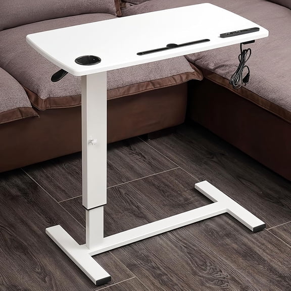 Overbed Table with Adjustable Height, Hospital Bed Table with Wheels, Rolling Bedside Table Pneumatic Mobile Standing Laptop Desk with USB Charging and Cup Holder