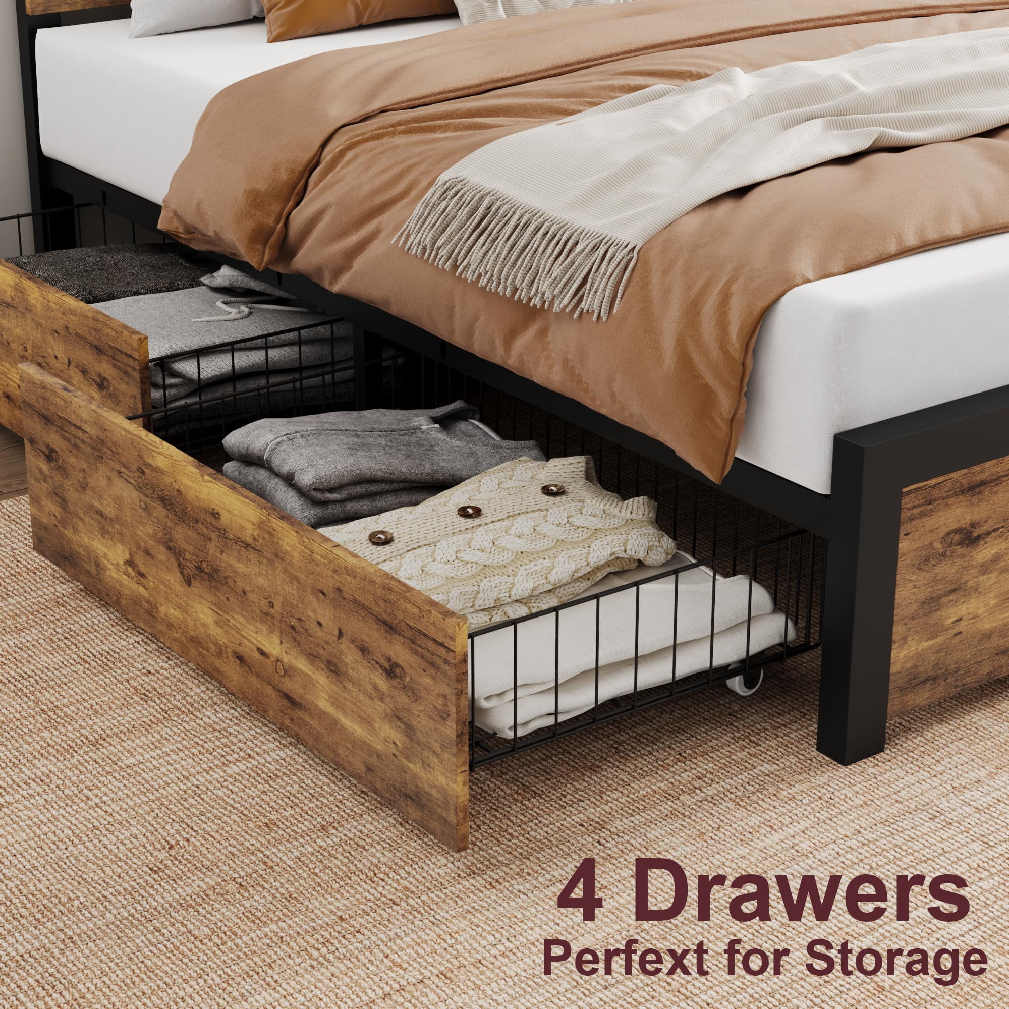 Queen Size Bed Frame with Wood Headboard, King Platform Bed Frame with Under Bed Storage and Metal Legs, Noise Free, No Box Spring Needed, Easy Assembly-Rustic Brown