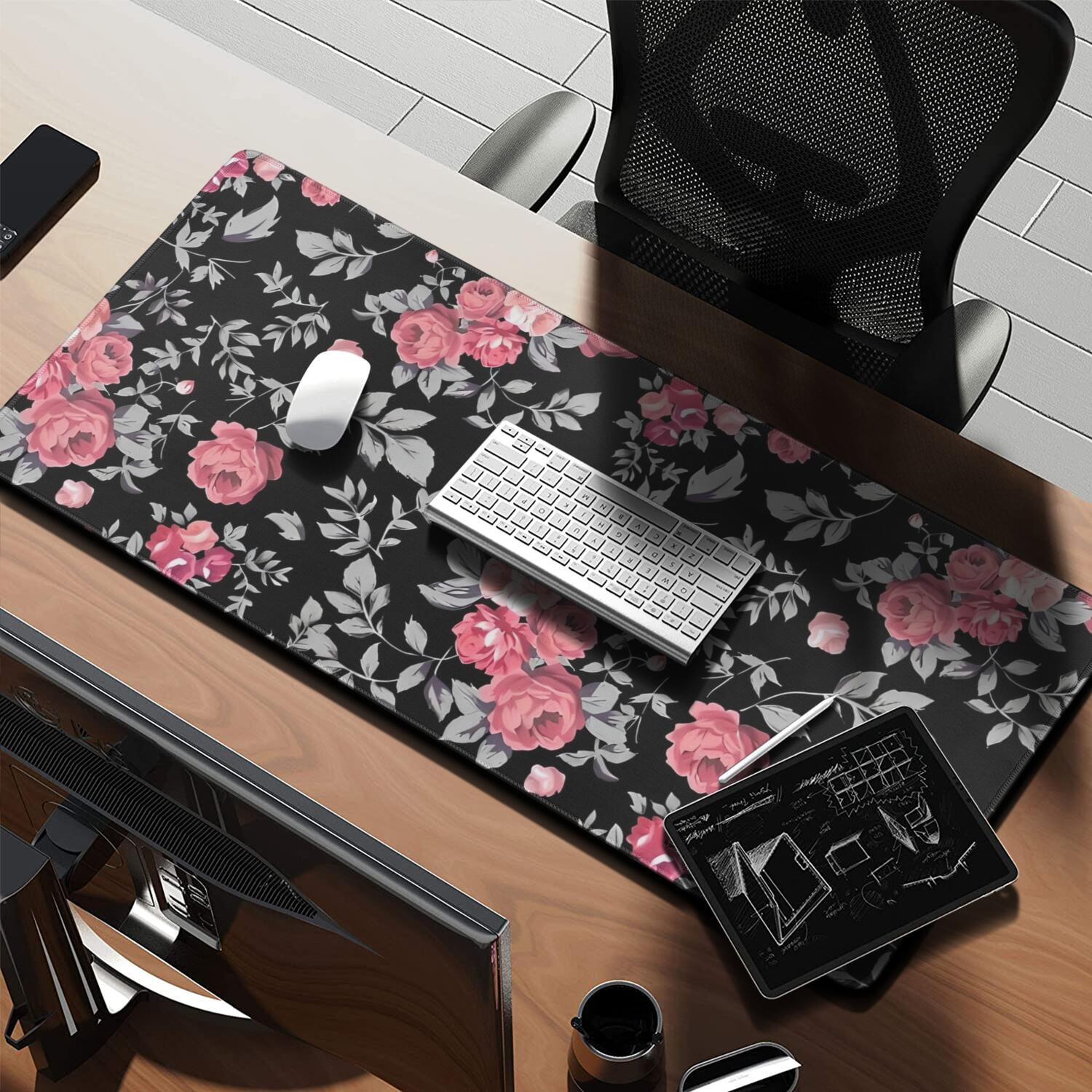 Long Mouse Pads for Desk,Pioneer Flower Floral Print Pattern Desk Mats on Top Of Desks, Desk Mouse Pad Extra Large with 3mm Non-Slip Base and Stitched Edge for Gaming,Office,Work,Home 35.4"x15.7"
