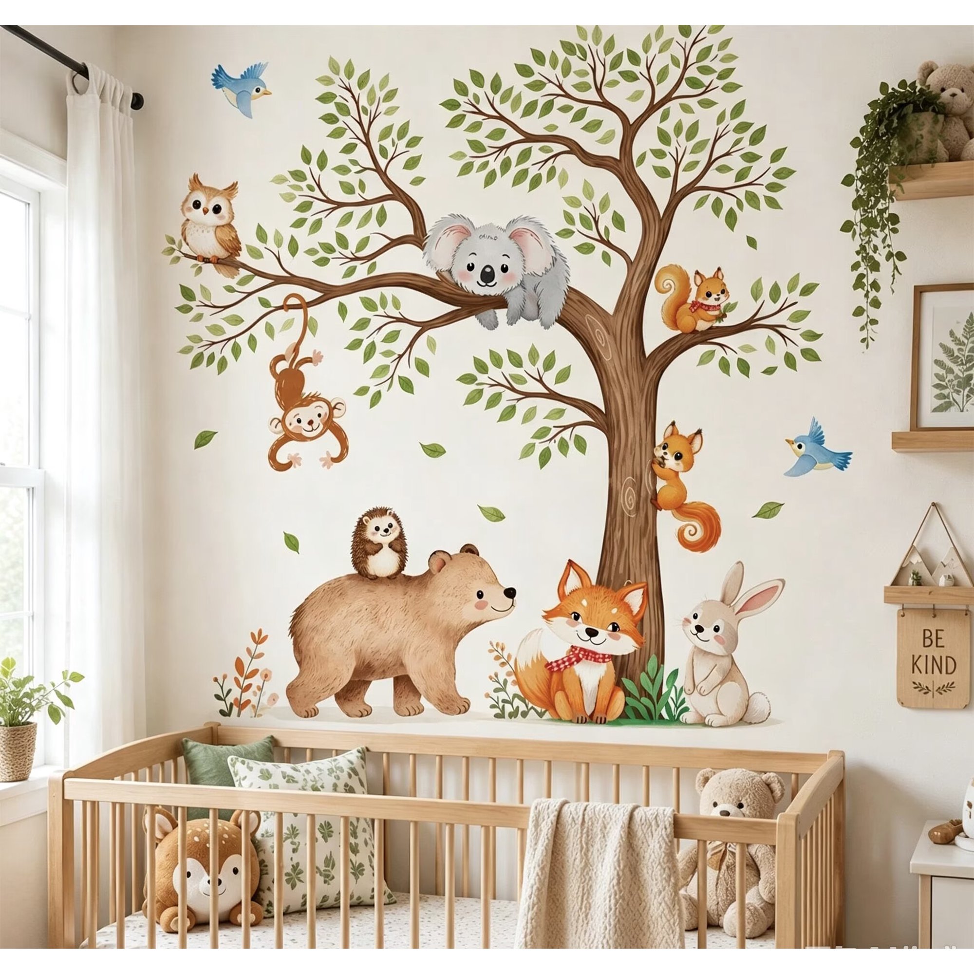 Woodland Tree Forest Animal Wall Decal, Watercolor Bear Fox Rabbit Koala Squirrel Owl Peel and Stick Wall Sticker, Removable Vinyl Mural for Kids Nursery Bedroom Decor