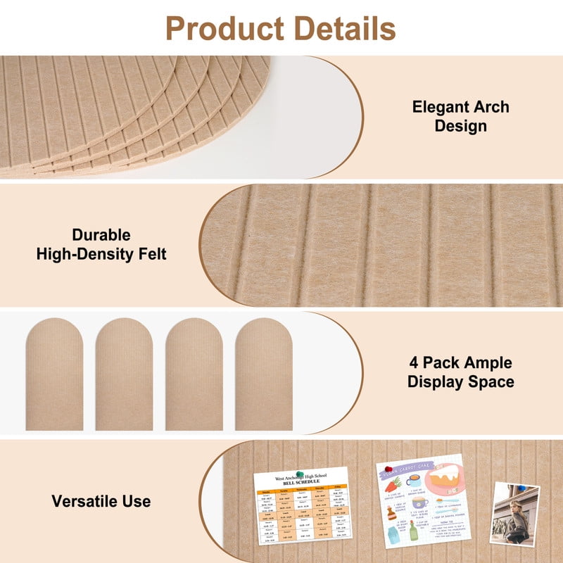 4 Pack Large Arch Felt Bulletin Board Push Pin Board 48"x24" Poster Board for Wall Decorative Cork Board Tiles Memo Board Track Board with Safe Removable Adhesive Tabs and Pushpins, Beige