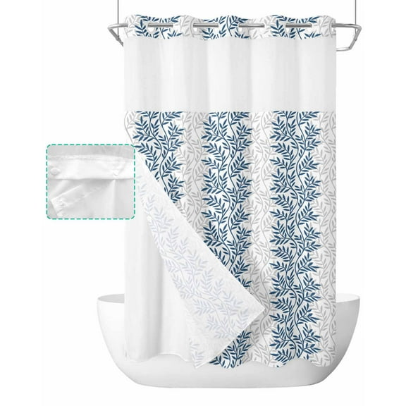 No Hook Shower Curtain with Snap in Liner, Modern Blue Leaf Pattern Art Design Hotel Shower Curtains for Bathroom, Washable Shower Curtain Liner Set with Mesh Top Window, 36"x72"
