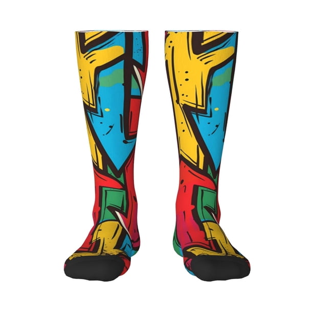 Fotbe Colorful Arrow Graffiti Pattern Calcetas Divertidas Estampadas para Hombre y Mujer, Calcetas de Algodón hasta la Rodilla para Caminar, Correr, Enfermería y Embarazo