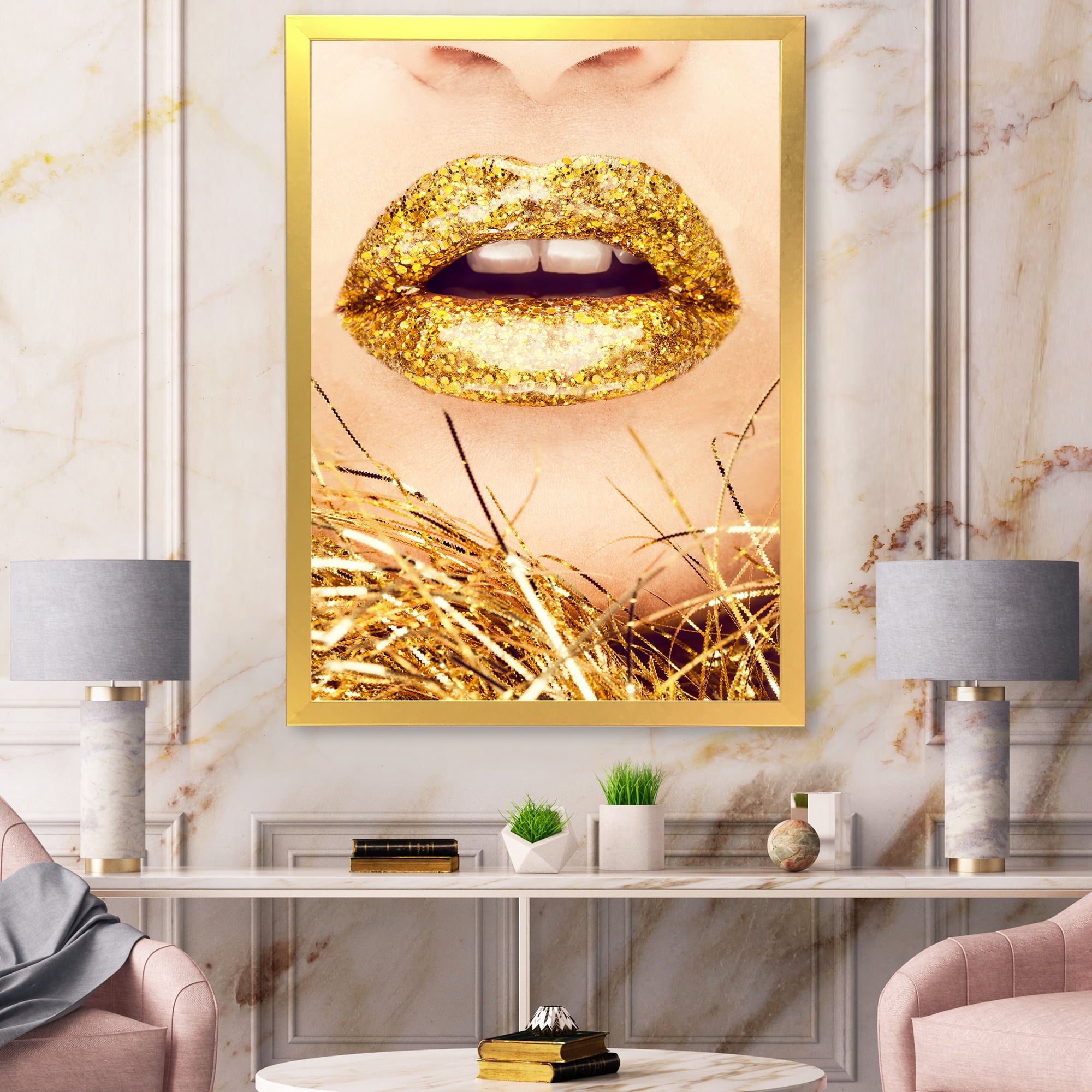 Designart 'Close-Up Of Golden Female Lips I' Modern Framed Art Print