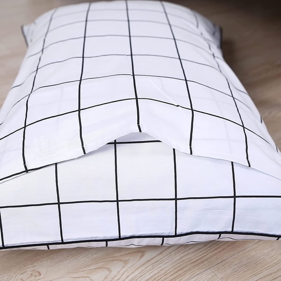 LANPEI White Plaid Comforter Set Buffalo Plaid Summer Quilt 100% Cotton Fabric Grid Checkered Duvet Insert Soft Microfiber Filled Lightweight Reversible Black White Geometric Comforter Set 3Pcs, King