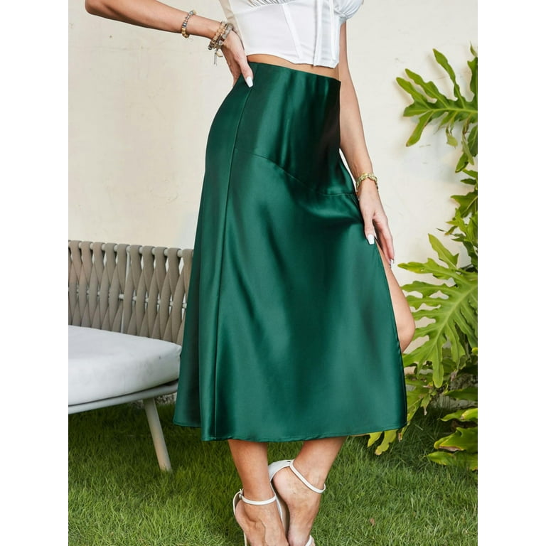 Dark green silk midi skirt best sale