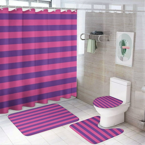 Pink And Purple Stripes Shower Curtain Bathroom Sets Toilet Lid Rug, Bath Mat And Contour Mat, Shower Curtain 4Pcs