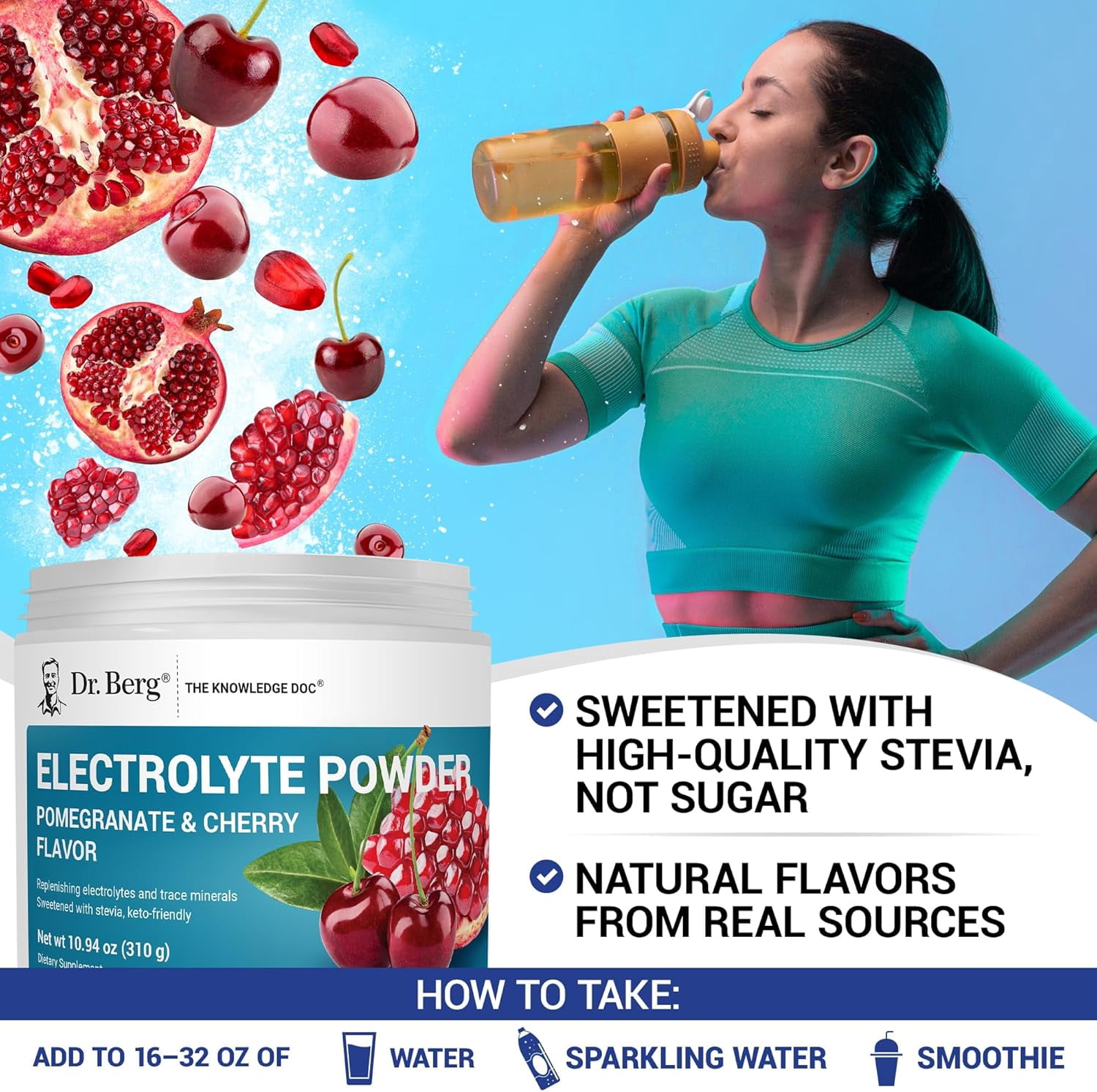 Dr. Berg Electrolyte Powder, Pomegranate & Cherry Flavor - Hydration Powder, 50 Servings