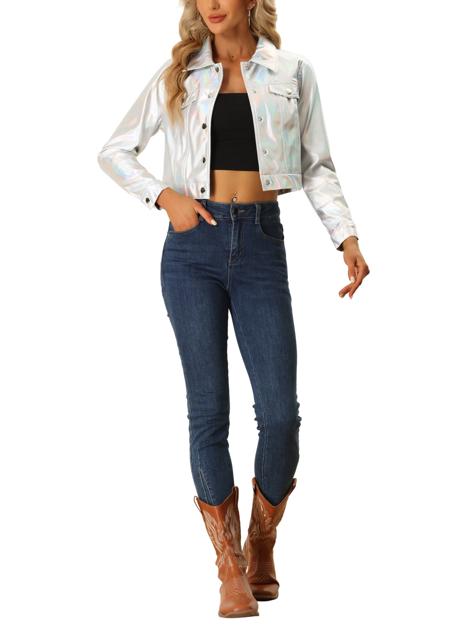 INSPIRE CHIC Women's Holographic Shiny Biker Button Down Metallic Jacket M Silver