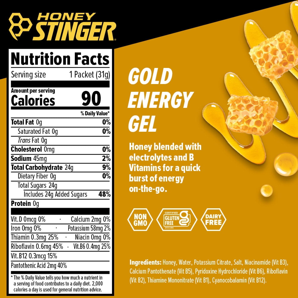 Honey Stinger Gluten-Free Energy Gel, Gold, 1.1 oz, 24 Count Box