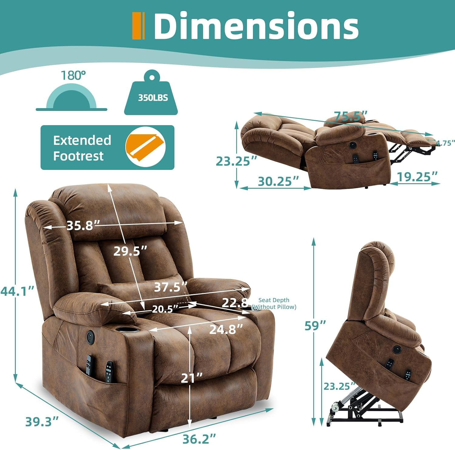 MEETWARM Oversized Dual Motor Lay Flat Power Lift Recliner Chair for Big Elderly with Heat Massage, Large Sleeping Electric Recliner with Extended Footrest, Lumbar Pillow, USB & Type-C Ports, Brown