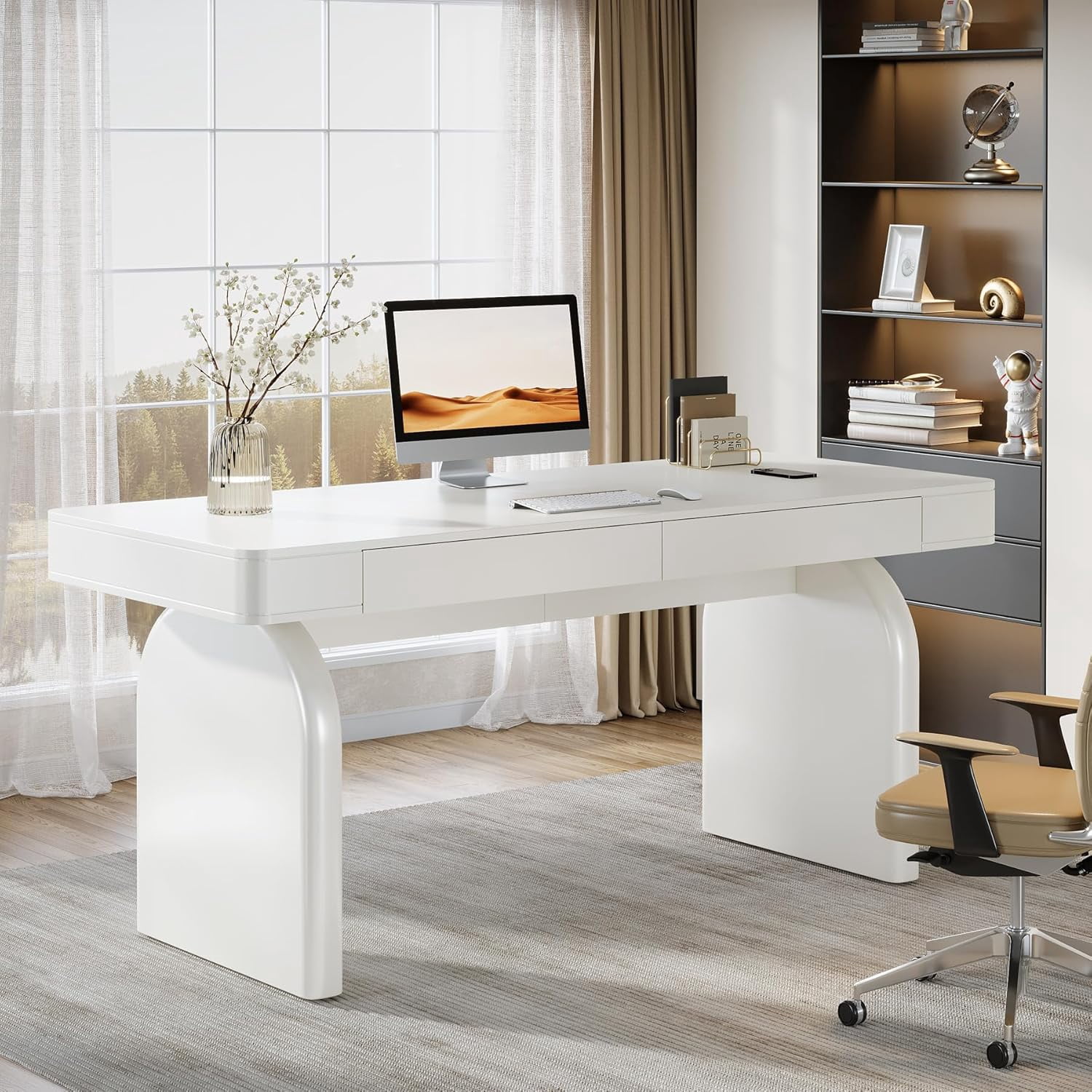 Finmind 63-Inch White Desk with Drawers, Modern Glossy Executive Office Desk, Elegant Writing Computer Table for Home Office or Study, Cream White