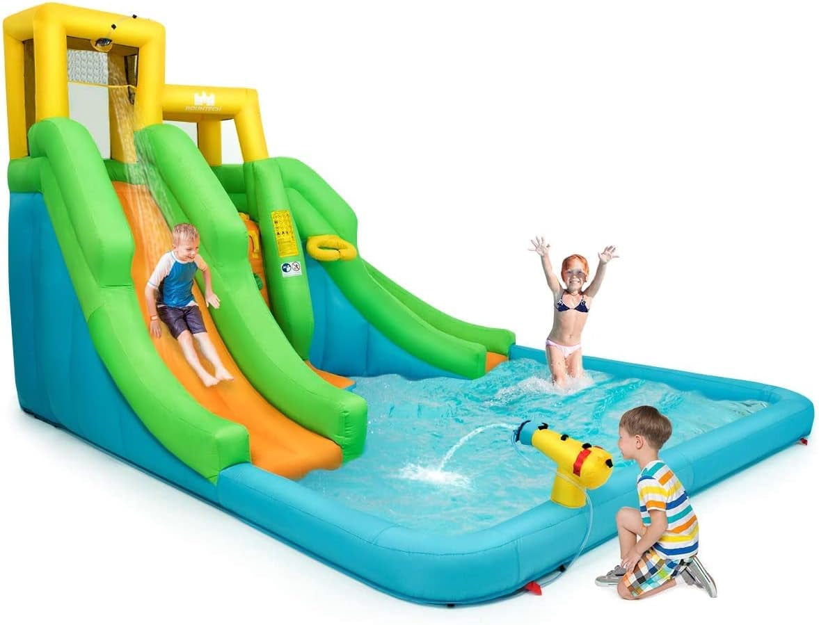 OLAKIDS Inflatable Water Slide, 6 in 1 Bounce House with 2 Slides, Climbing Wall, Splash Pool, Basketball Rim, Water Blaster, Inflatable Water Park with  Bag, Repairing Kit, Hose (Without Blower)