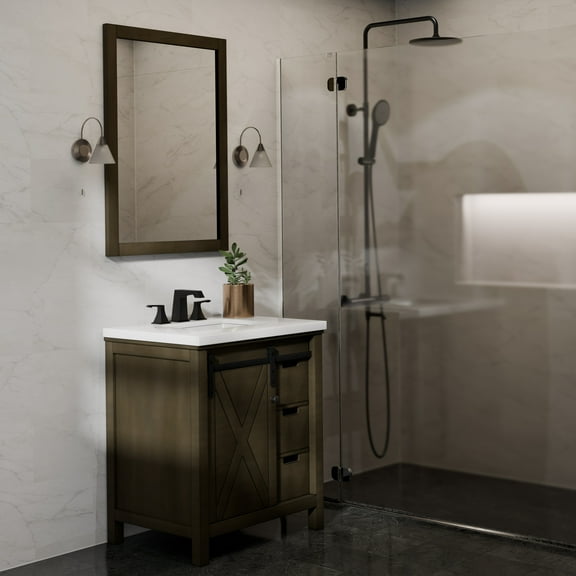 Marsyas 30 in W Rustic Brown Vanity, White Quartz Countertop, Faucet Set and 28 in Mirror