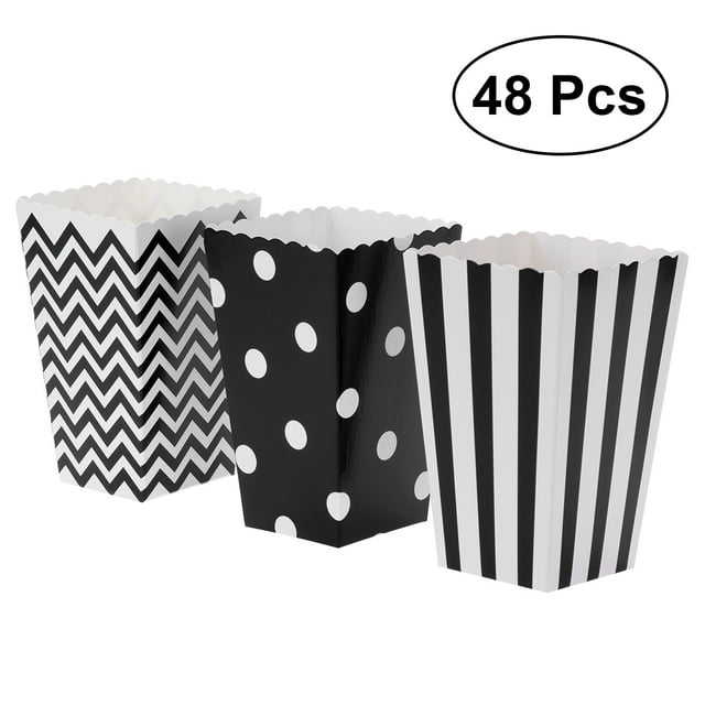 48pcs Popcorn Carton Rugby Stripe Wave Dot Pattern Decorative Dinnerware for Birthday Parties / Baby Showers / Graduations (Black)