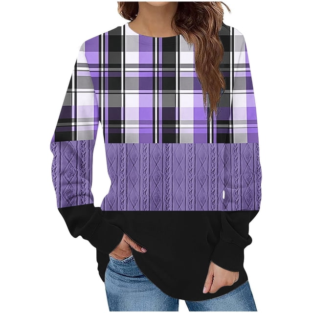 KIHOUT Chandails en Molleton de Mode pour Femmes, Manches Longues Décontractées à Carreaux Patchwork Col Rond Ample Blouse Chandail Tops, Taille P-2TG