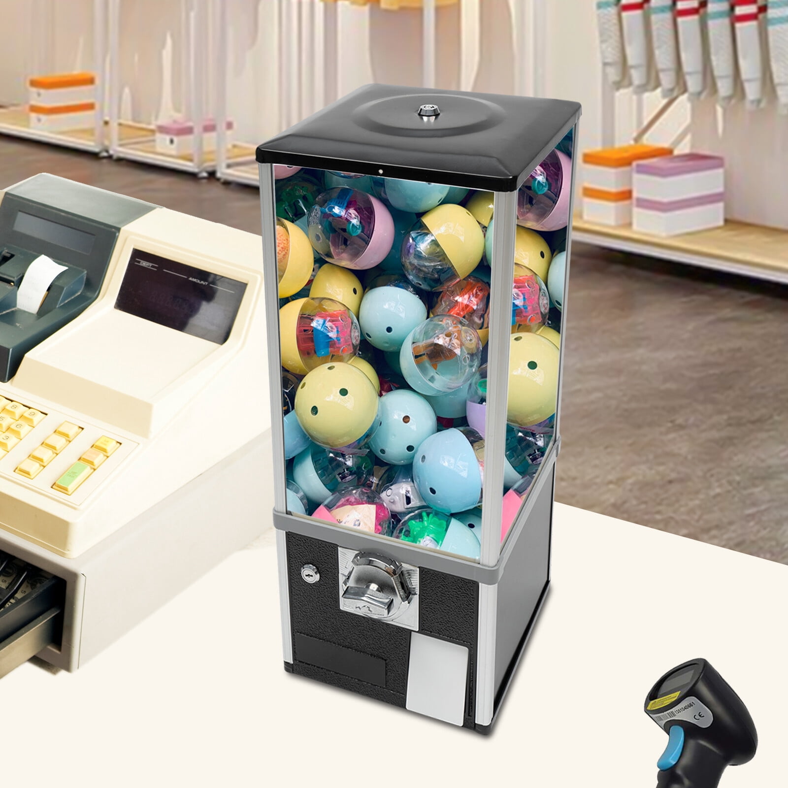 25 Cent Coin Operated Gumball Machine, 1000 Capsule Capacity Vending Dispenser with Lock for Business Black