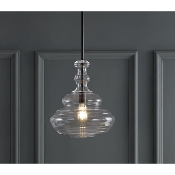 JONATHAN Y Bettina 13.37" Glass/Metal LED Pendant, Oil Rubbed Bronze/Clear