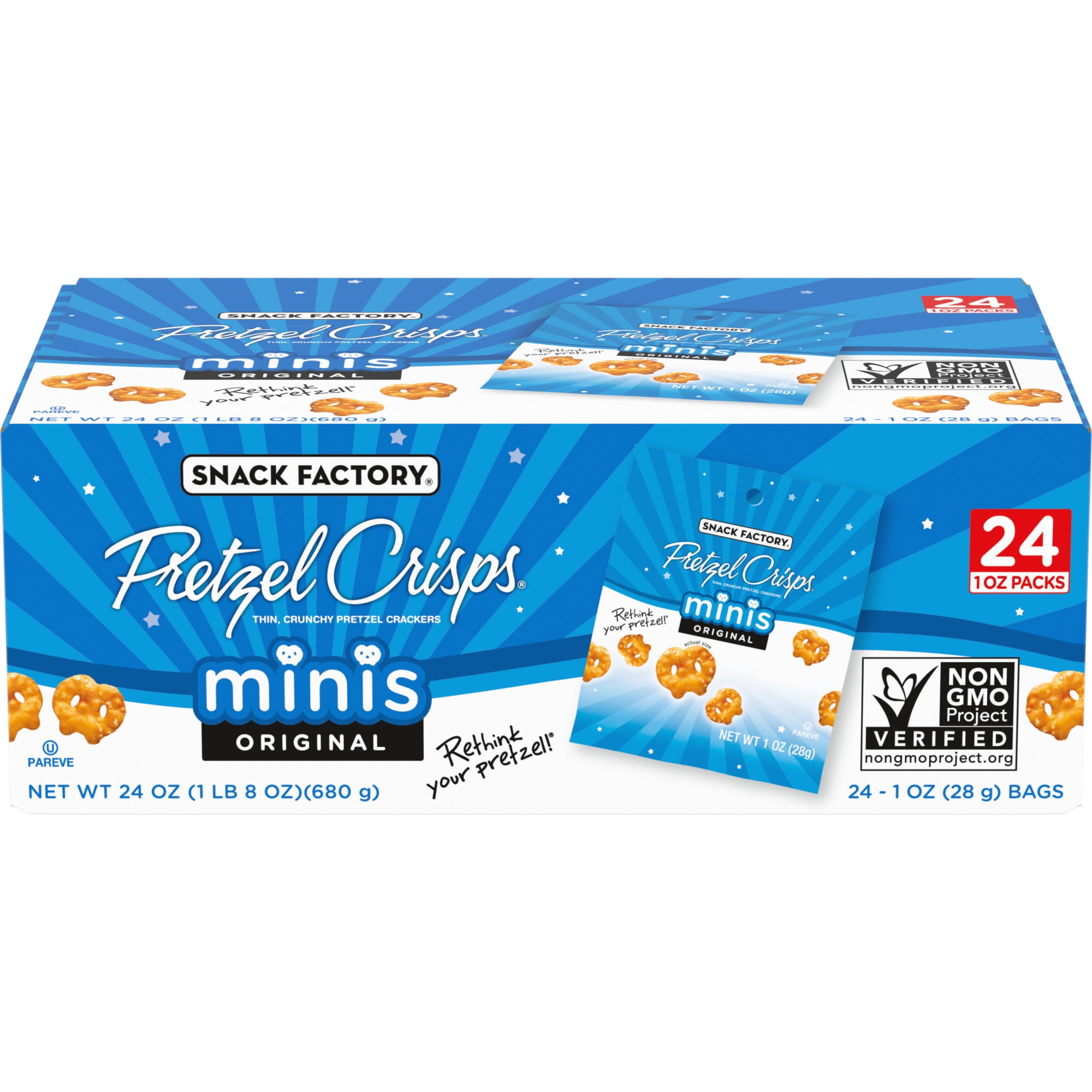 Snack Factory Pretzel Crisps Minis Original Flavor, Snack Packs, 24 Ct