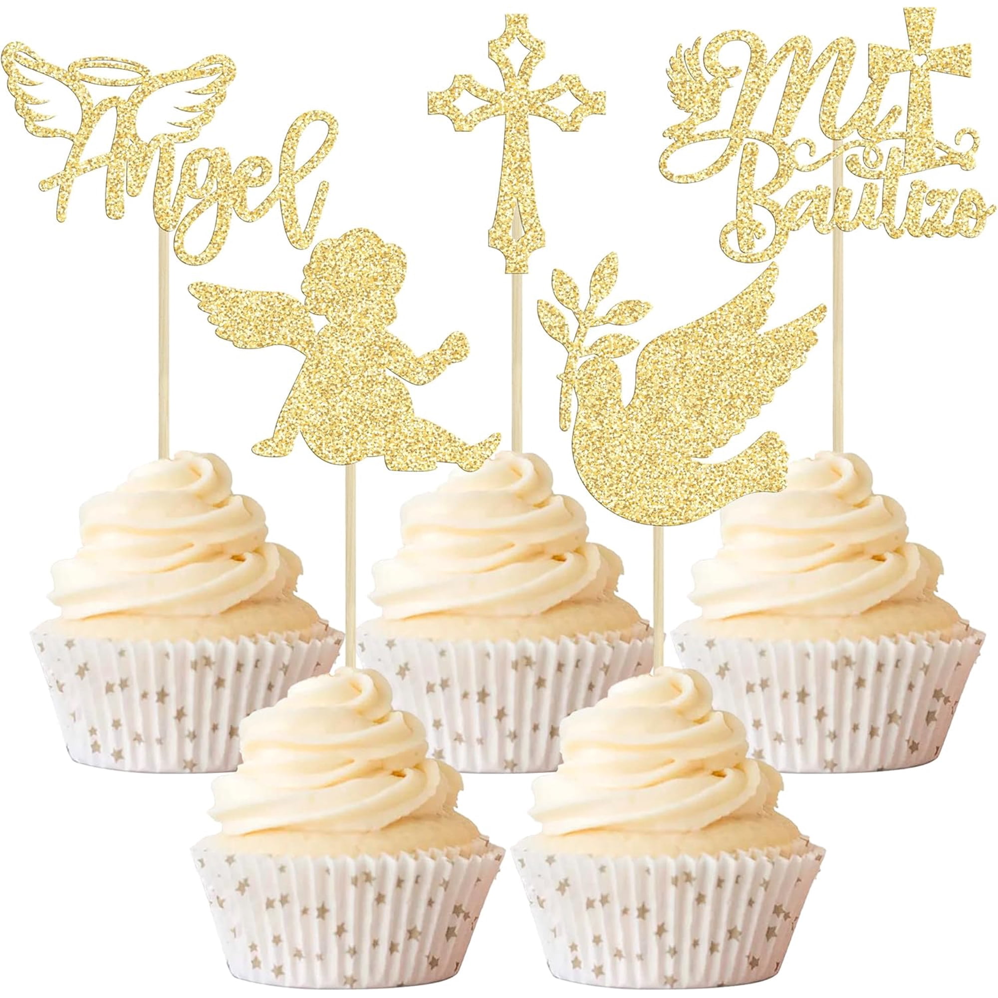10 Pack Gold Glitter Baptism Cupcake Toppers Angel & Mi Bautizo Party Picks Decorations