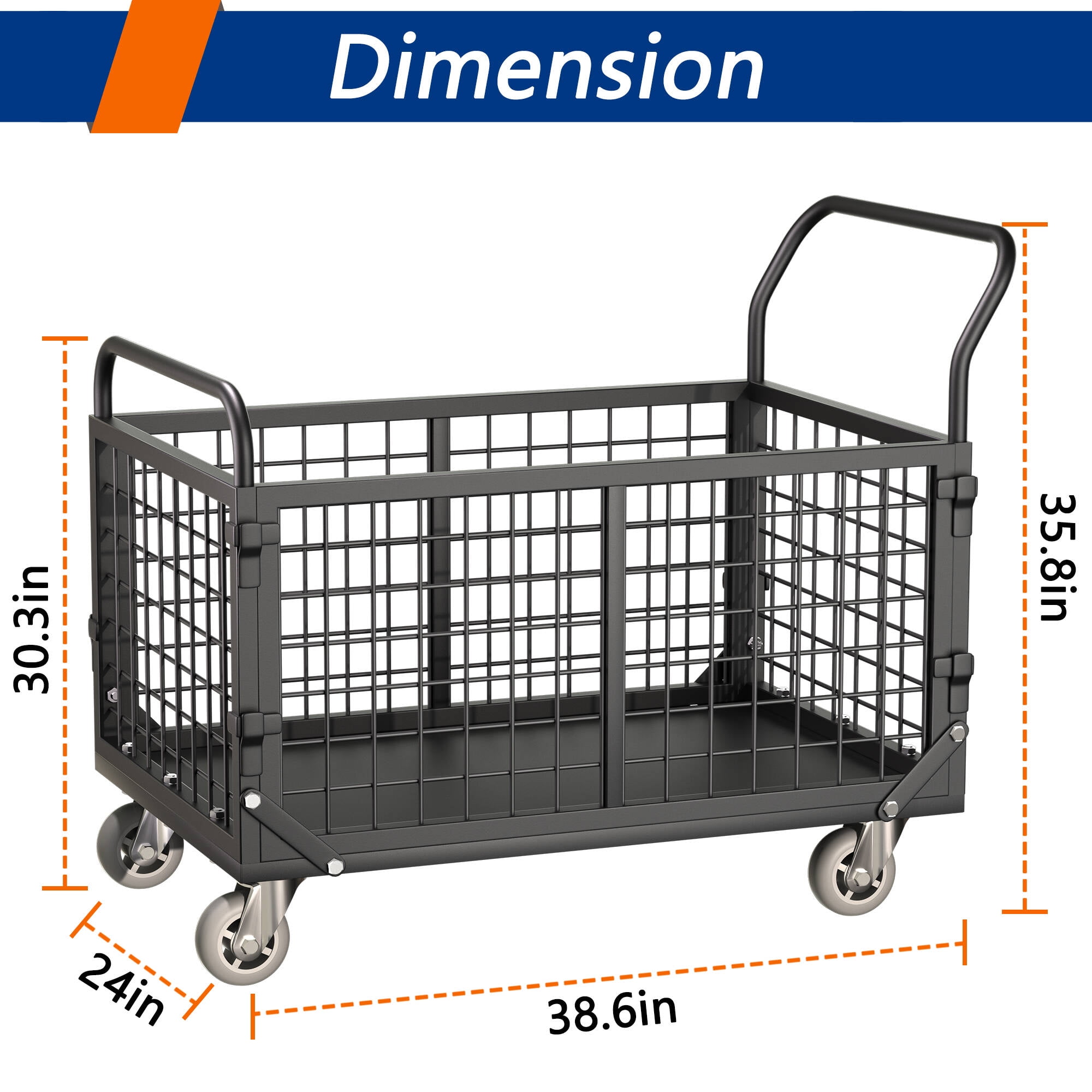Platform Truck Cart with Cage,Foldable Platform Truck Heavy Duty Push Cart Dolly Load 2250LB Swivel Casters,Large Flatbed Hand Truck Cart for Grocery/Laundry/Stall/Storage(38.6L x 24W x 35.8H)