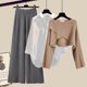 thumbnail image 2 of Traje de moda de otoño, estilo Hong Kong, suéter, camisa, pantalones anchos, celebridad de Internet, tres piezas, invierno, 2 of 6
