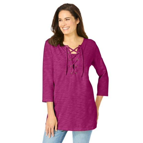 Woman Within Plus Size Lace-Up Three-Quarter Sleeve Tee