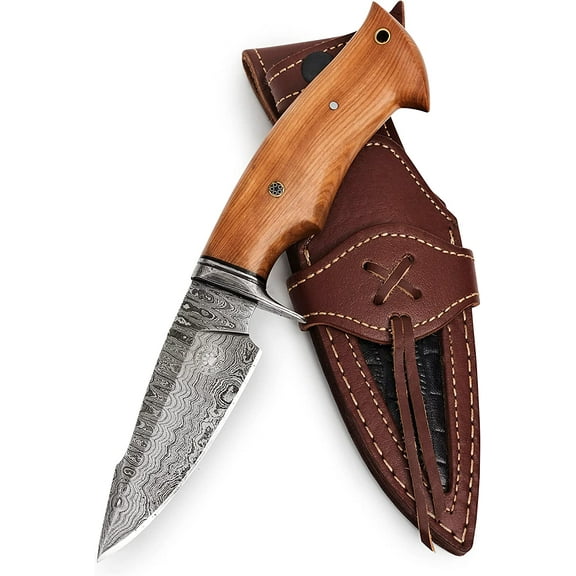 BigCat Roar Predator Hunter Olive Damascus Buck Knife with Sheath - 4.8" Drop-Point Hunting Knife