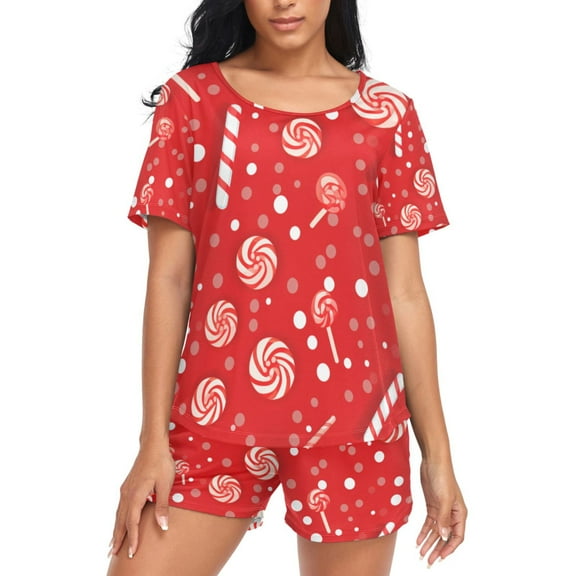 joogoo Women's Pajama Set Christmas Candy Short Sleepwear Loungewear with Pockets M