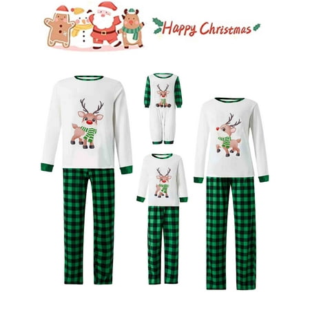 

Sunisery Family Christmas Pajamas Matching Sets Cartoon Deer Tops Plaid Pants for Adults Kids Holiday Xmas Jammies Sleepwear