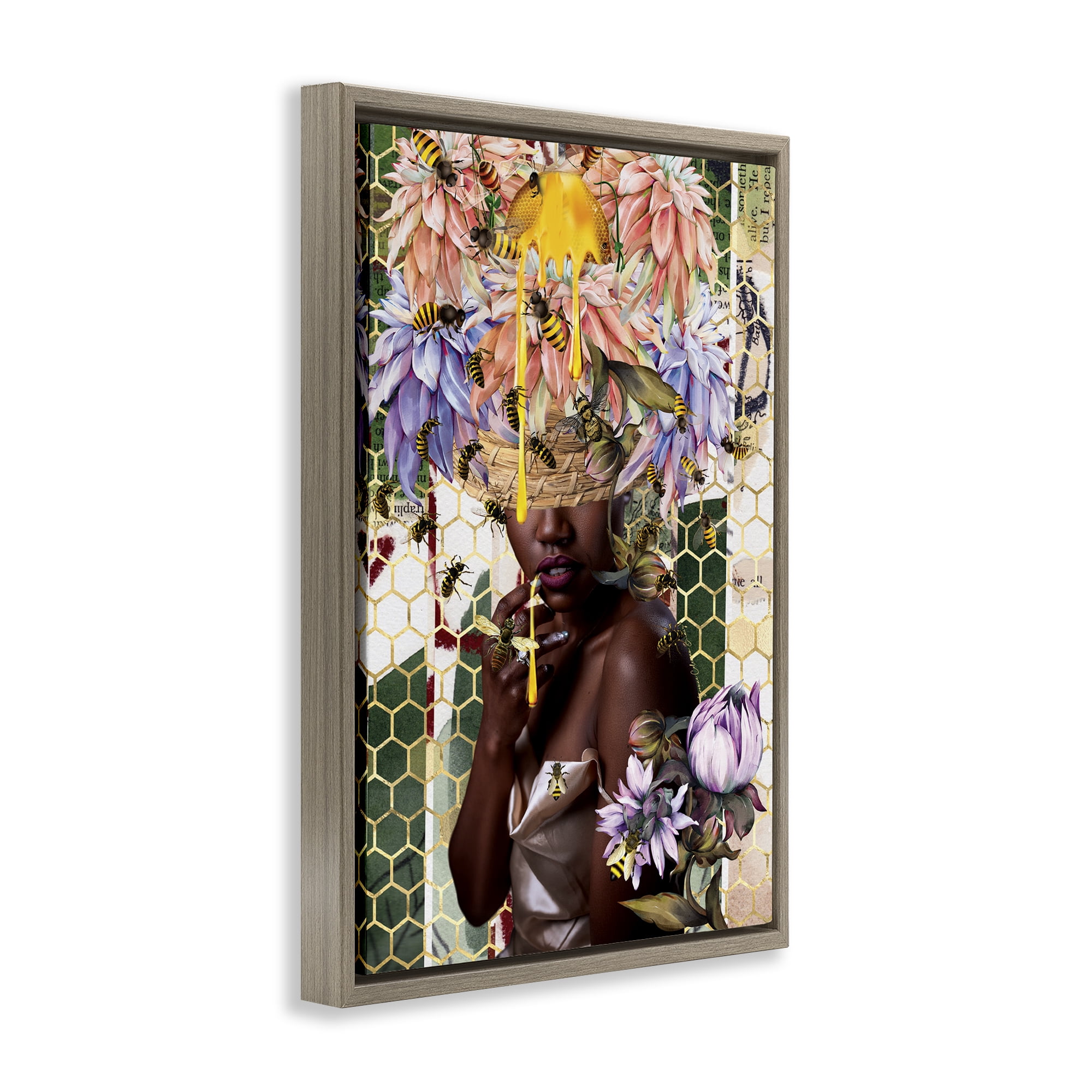 Stupell Industries Glam & Honeycomb Queen Bee Abstract Painting Brown Floater Framed Canvas Art Print Wall Art, 21 x 31
