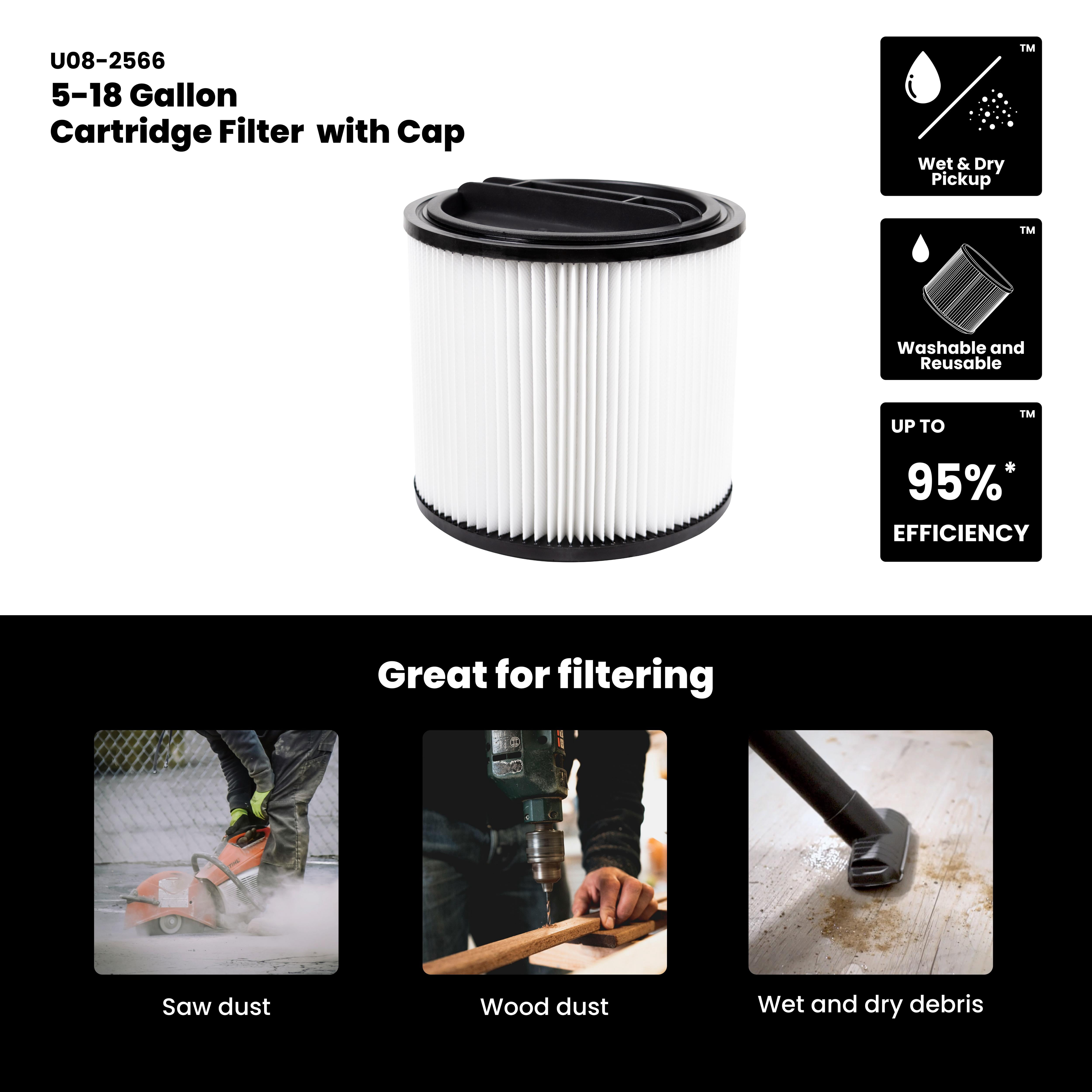 Universal Standard Dust Cartridge Filter with Cap, Fits most 5-18 Gallon Wet/Dry Vacuums