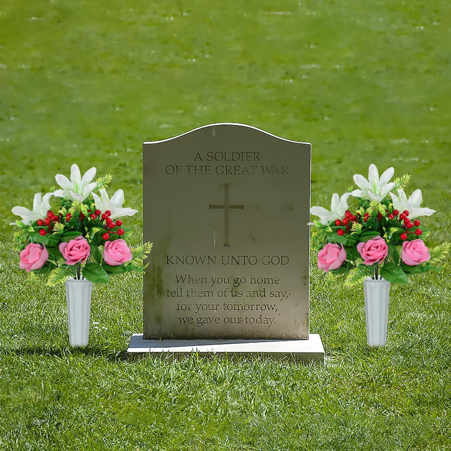 Artificial Cemetery Flowers for Grave, Set of 2 Artificial Memorial Flowers with Vase for Outdoor Cemetery Headstones Graveyard Gravestone Decoration (Red Lily&White Purple Peony)