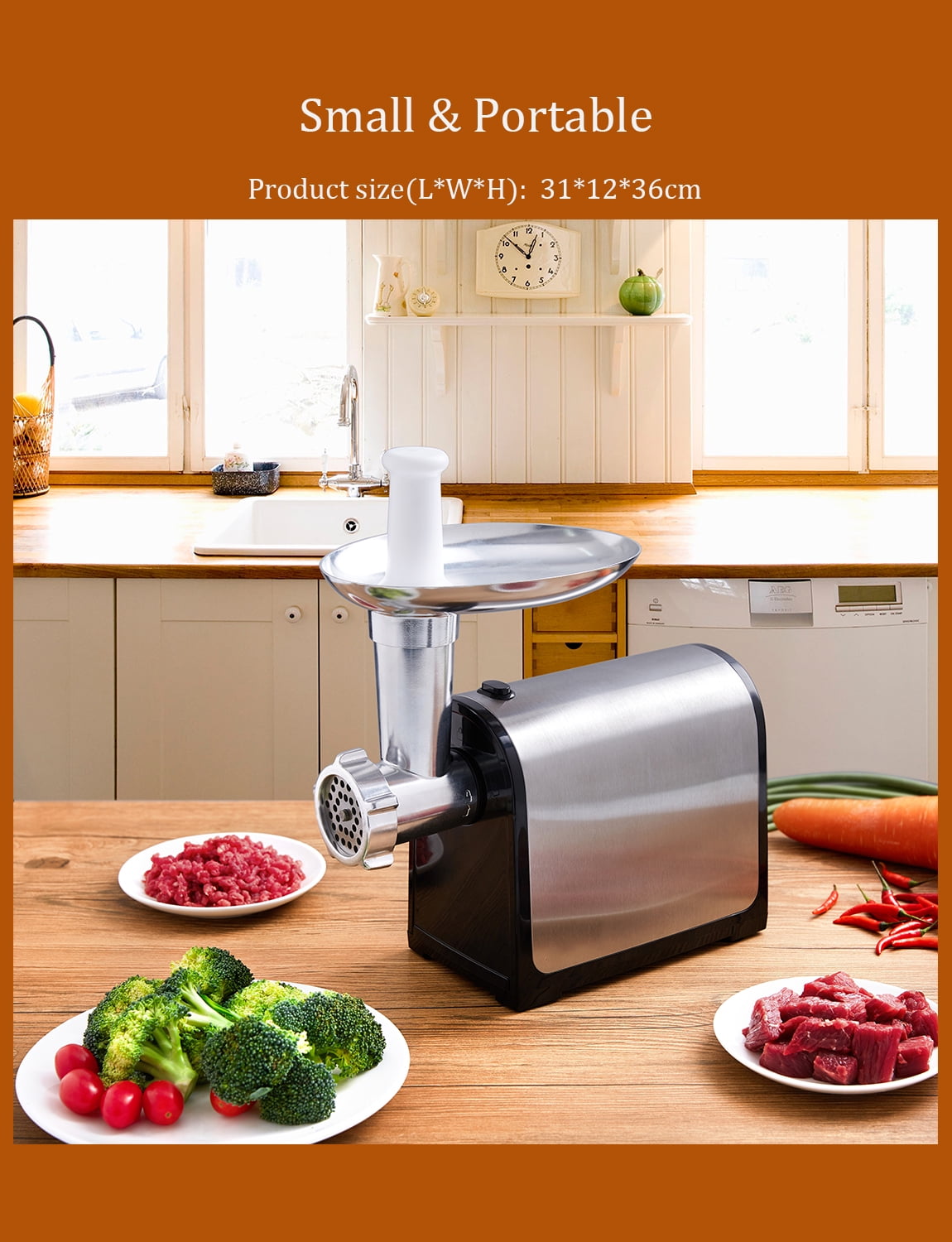 Meat Grinder Electric, Stainless Steel Compact Sausage Stuffer, 3 Grinding Plates & 2 Blades