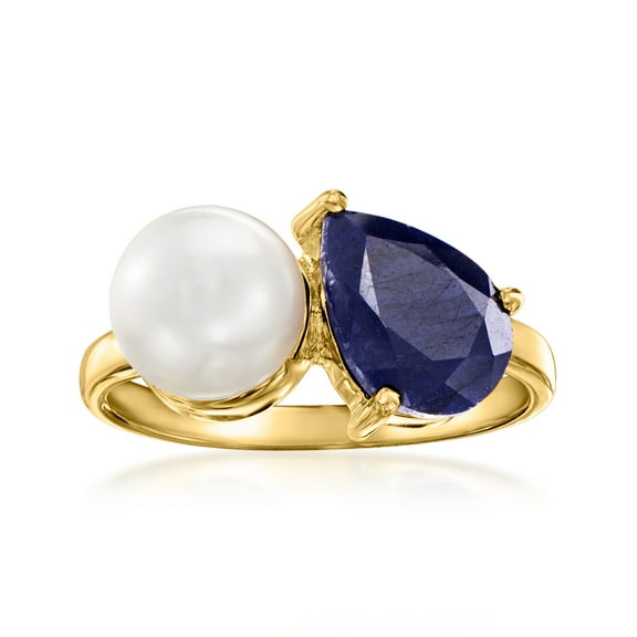 Ross-Simons 7.5-8mm Cultured Pearl and 2.80 Carat Sapphire Toi Et Moi Ring in 18kt Gold Over Sterling, Women's, Adult