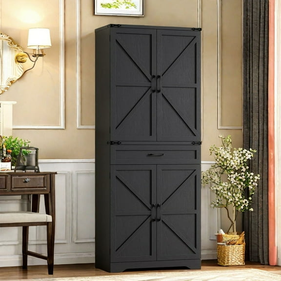 MIDODO 72" Tall Farmhouse Kitchen Pantry Cabinet, Wood Kitchen Storage Cabinets with Adjustable Shelves & 2 Barn Doors & Drawer, Versatile Cupboard