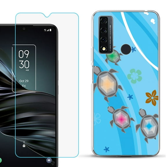 Slim-Fit Fashion Phone Case for TCL 20 XE, with Tempered Glass Screen Protector, by OneToughShield ® - Happy Turtle