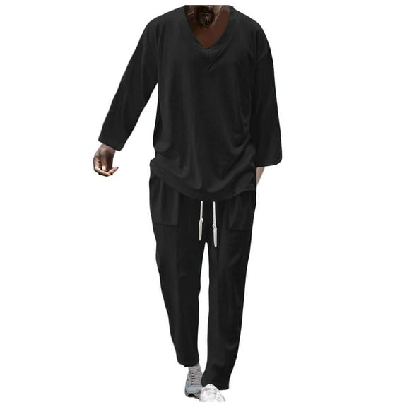 JIKNTTR Mens 2 Pieces Outfits Men Long Sleeve V Neck Solid Color Shirt Casual Holiday Shirts Tops Pants Outfits Holiday Beach Set Outfits
