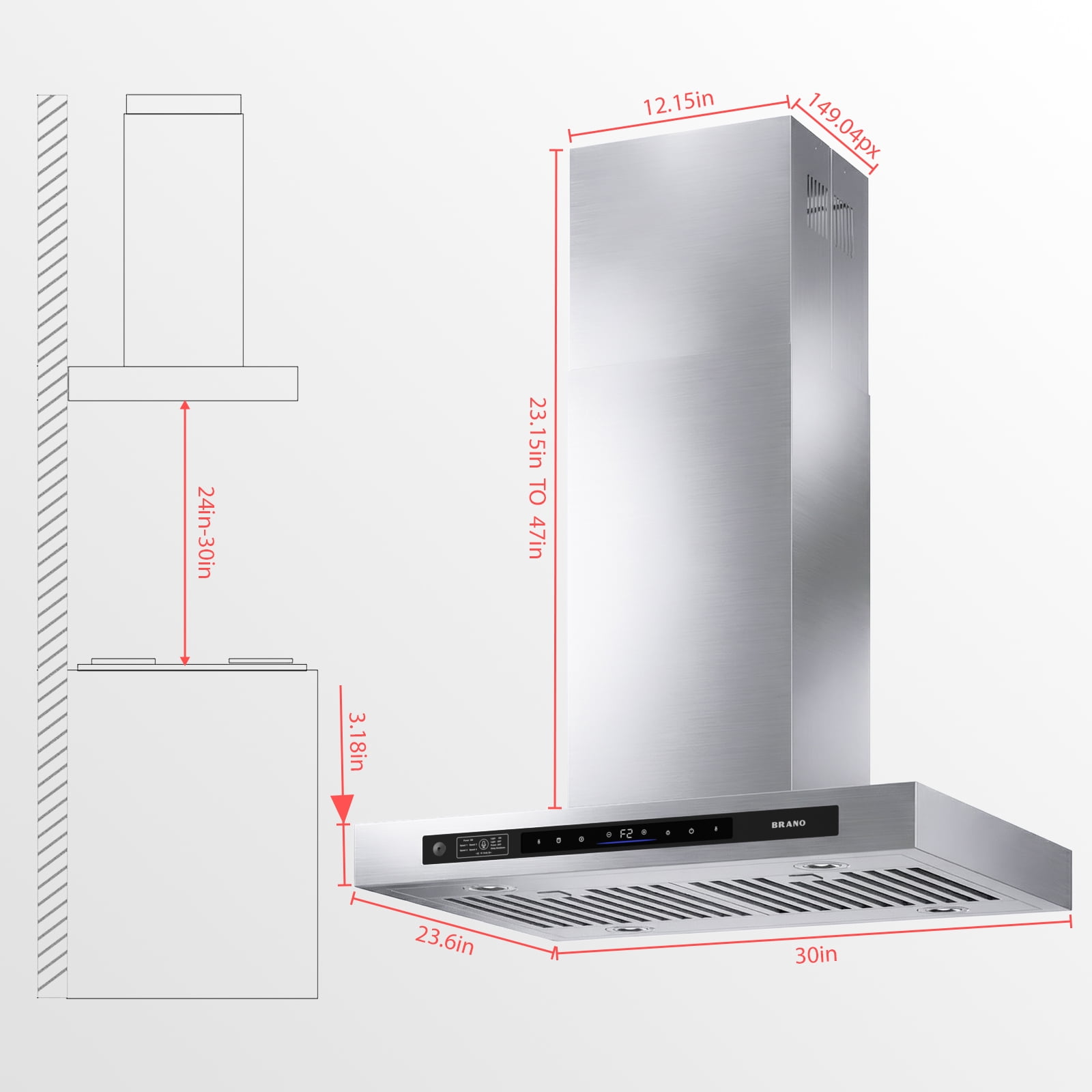 BRANO 36-inch Professional Island Range Hood, Ducted/Ductless, 900 CFM High Power, Smart Voice/Gesture Control