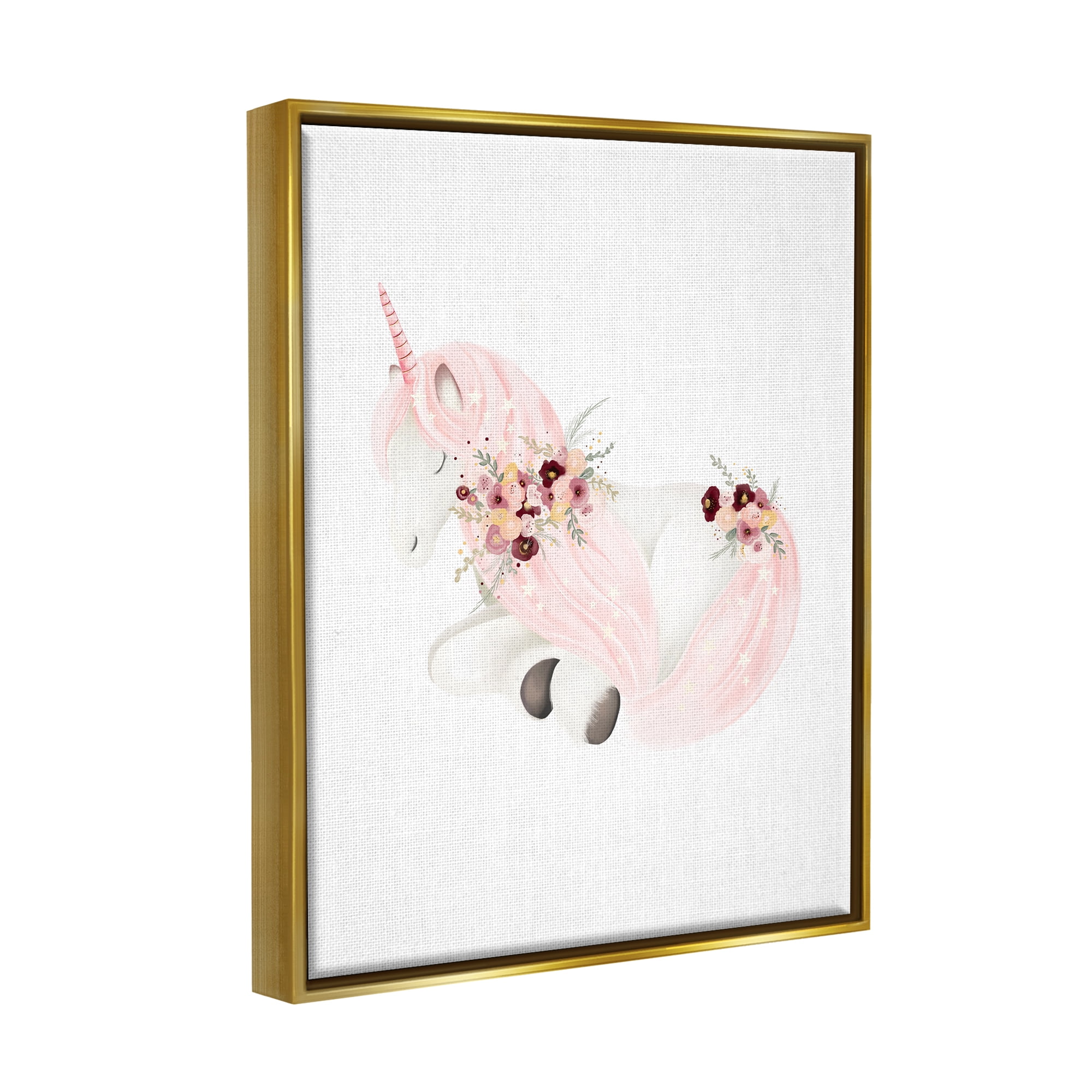 Stupell Industries Unicorn with Pink Flowers Fairy Tales & Fantasy Painting Gold Floater Framed Canvas Art Print Wall Art, 17 x 21
