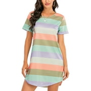 Women's Tie Dye Pajamas Dress Nightdress Short Sleeve Nightgrown Plus Size Sleepwear Striped Blouse Summer Sleepshirt Round Neck Loungewear Homewear