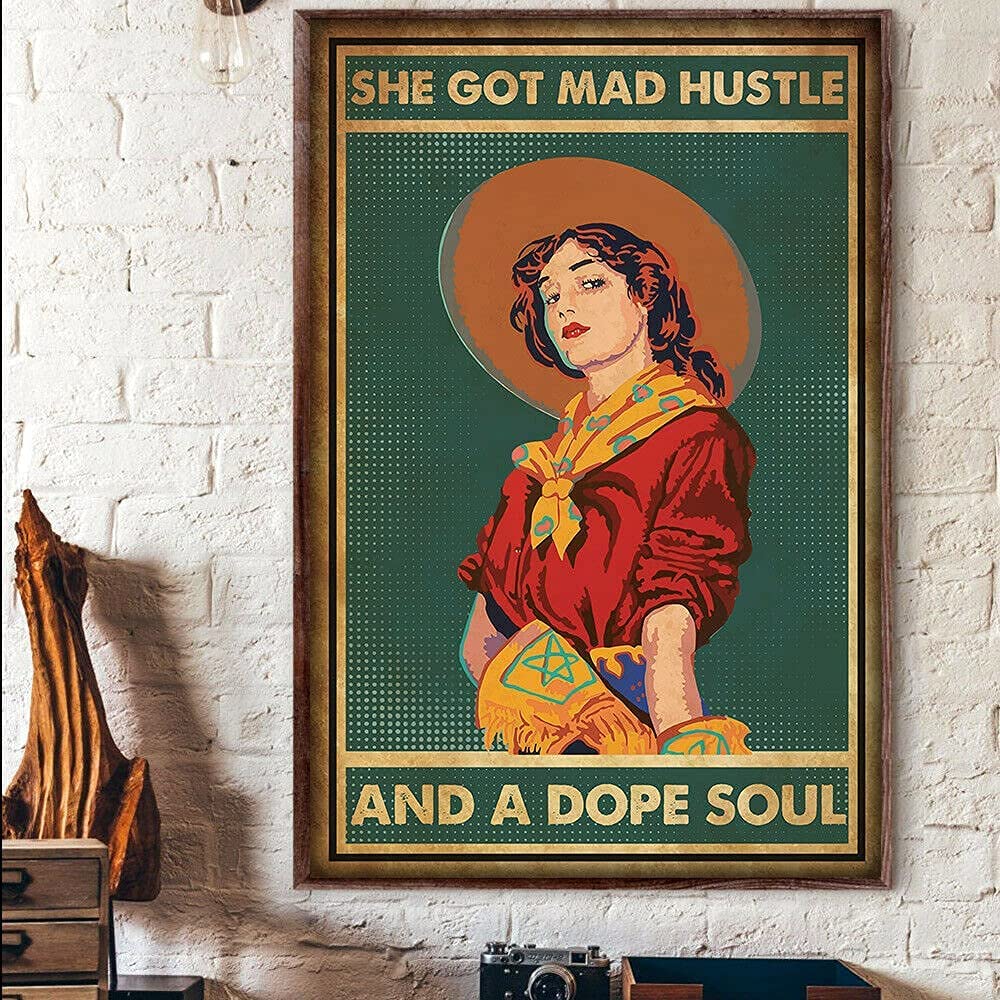 Beautiful Retro Girl Metal Tin Sign She Got Mad Hustle Retro Poster for