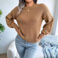 thumbnail image 3 of Women'S Solid Knit Cable Sweater Casual Long Lantern Sleeve Pullover Crew Neck Knitted Tops Khaki S, 3 of 8