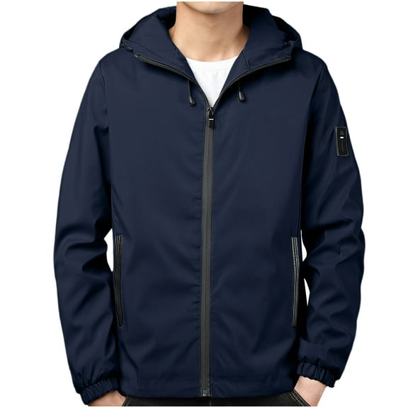 Windbreakers for Men Solid Color Zipper Pocket With Velvet Long Sleeved Hooded Casual Jacket Dark Blue L Mens Windbreaker