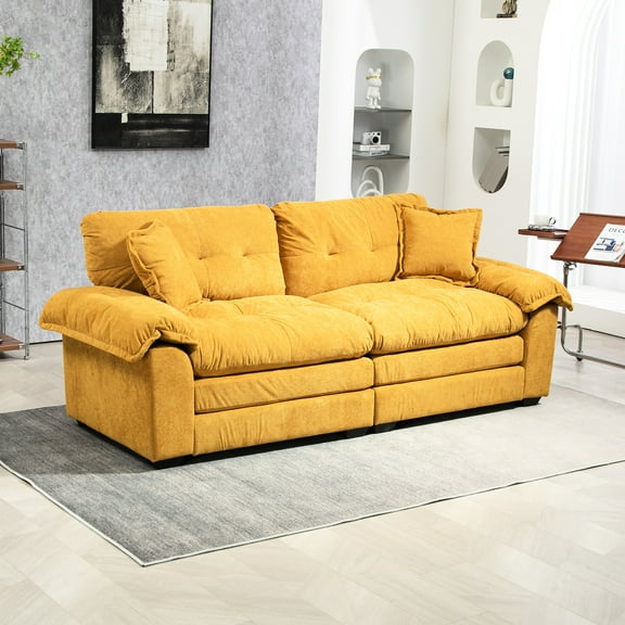 84" Chenille With & 2 Throw Pillows - Yellow Couch Delightful Design